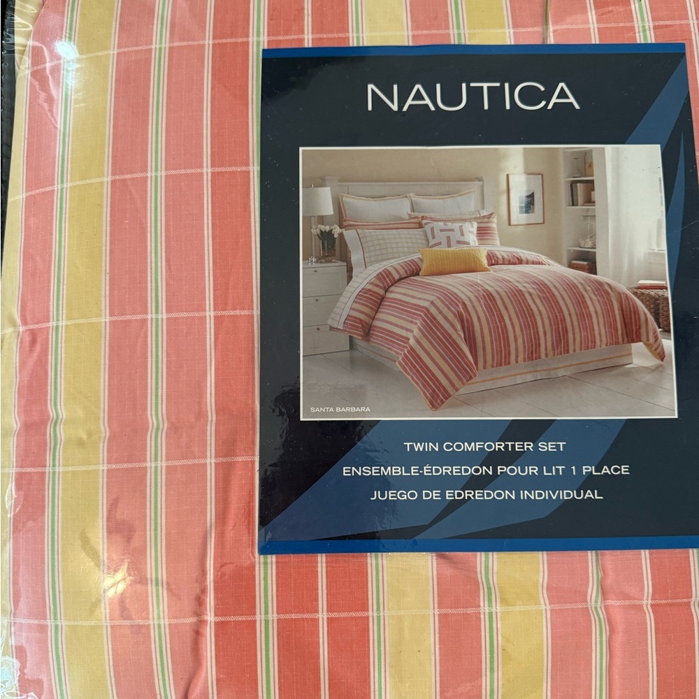 Nautica Santa Barbara Twin Comforter Set - Coral, Yellow, and White Stripes new